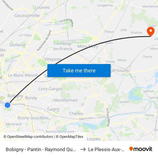 Bobigny - Pantin - Raymond Queneau to Le Plessis-Aux-Bois map