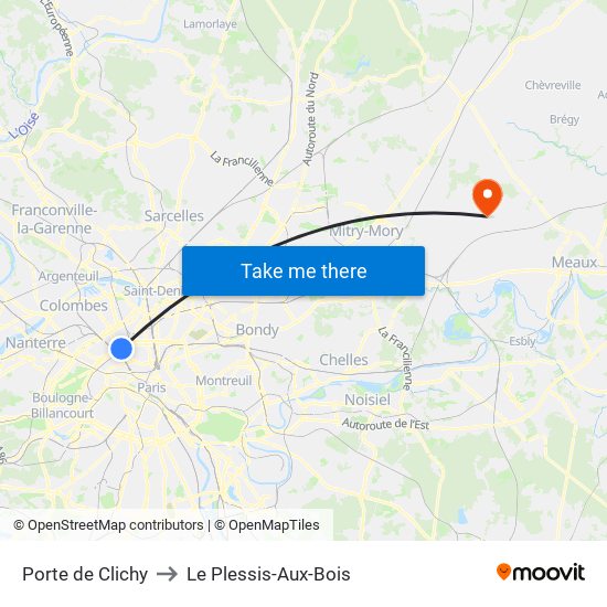 Porte de Clichy to Le Plessis-Aux-Bois map