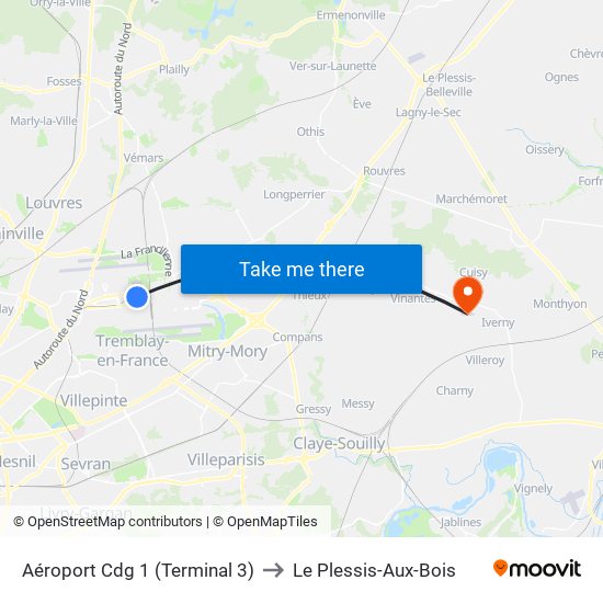 Aéroport Cdg 1 (Terminal 3) to Le Plessis-Aux-Bois map