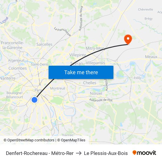 Denfert-Rochereau - Métro-Rer to Le Plessis-Aux-Bois map