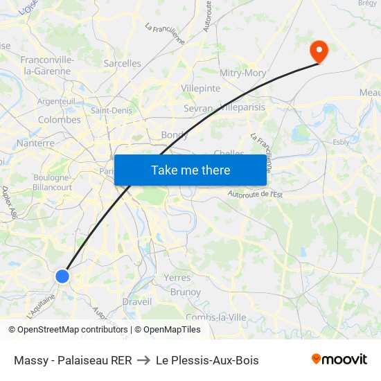 Massy - Palaiseau RER to Le Plessis-Aux-Bois map