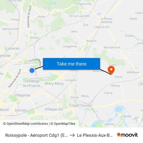 Roissypole - Aéroport Cdg1 (E2) to Le Plessis-Aux-Bois map