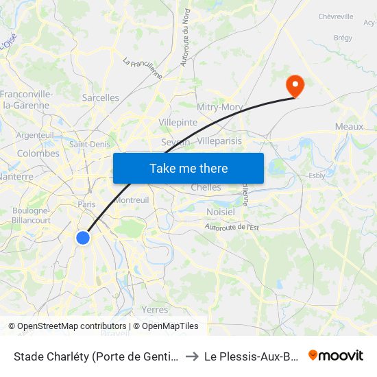 Stade Charléty (Porte de Gentilly) to Le Plessis-Aux-Bois map