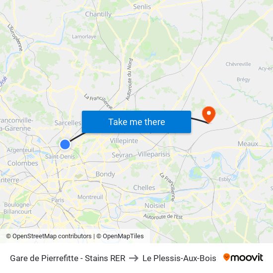 Gare de Pierrefitte - Stains RER to Le Plessis-Aux-Bois map
