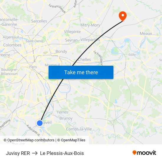 Juvisy RER to Le Plessis-Aux-Bois map