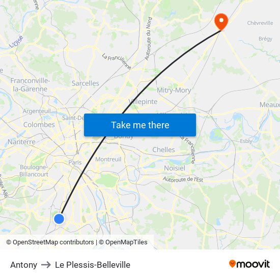 Antony to Le Plessis-Belleville map