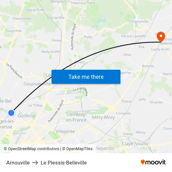 Arnouville to Le Plessis-Belleville map