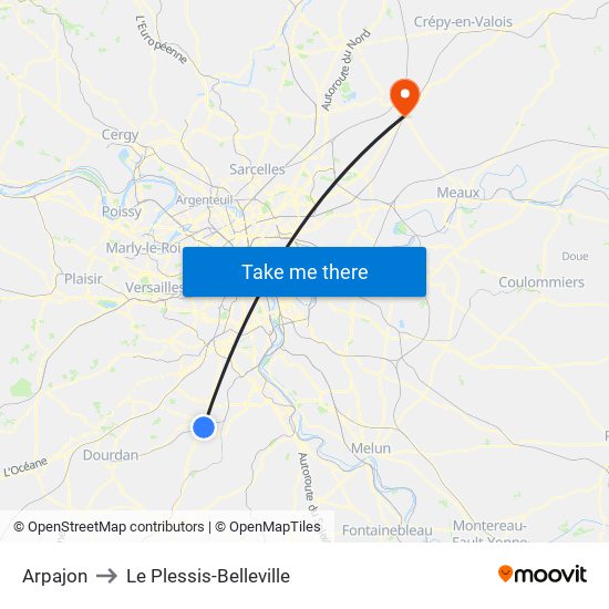 Arpajon to Le Plessis-Belleville map