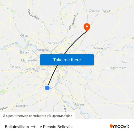 Ballainvilliers to Le Plessis-Belleville map