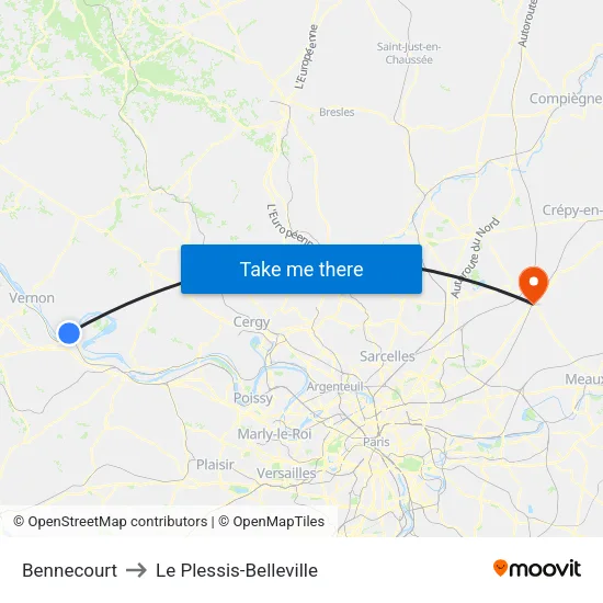 Bennecourt to Le Plessis-Belleville map