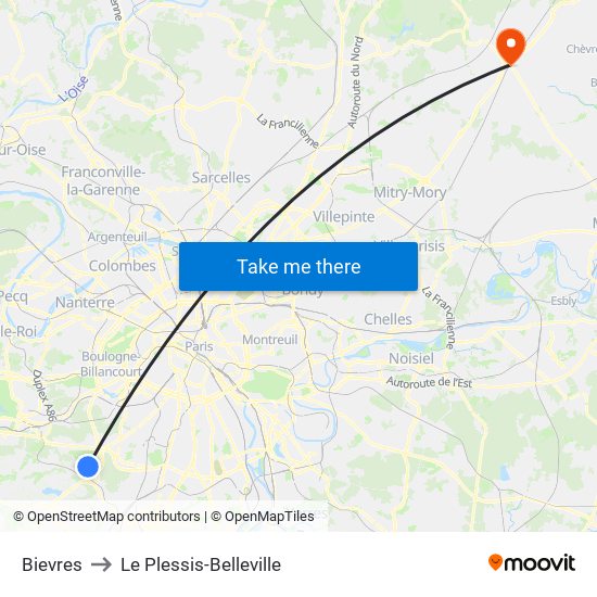 Bievres to Le Plessis-Belleville map