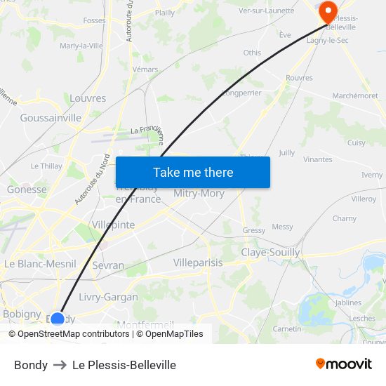 Bondy to Le Plessis-Belleville map