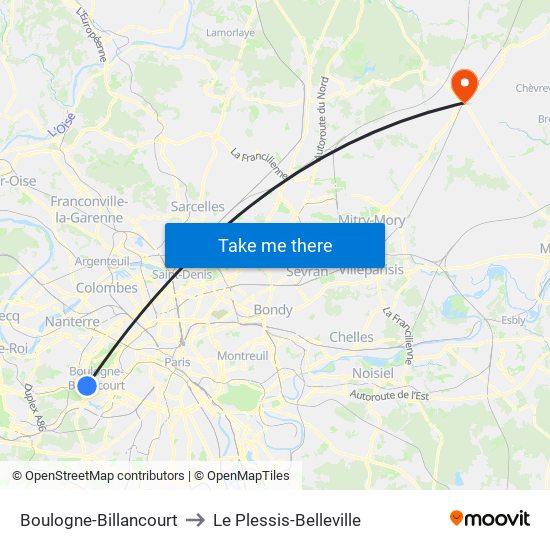 Boulogne-Billancourt to Le Plessis-Belleville map