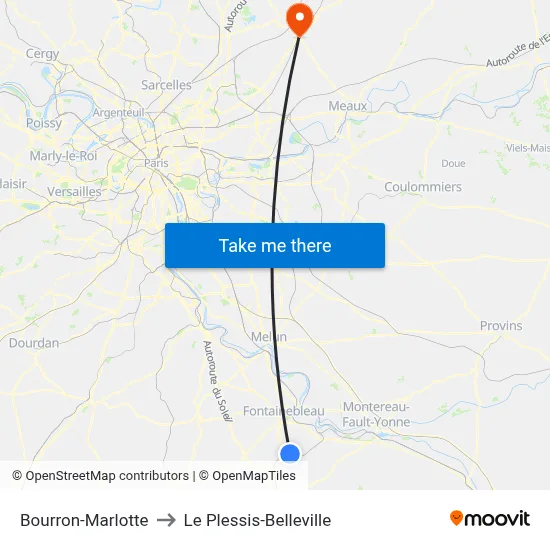 Bourron-Marlotte to Le Plessis-Belleville map