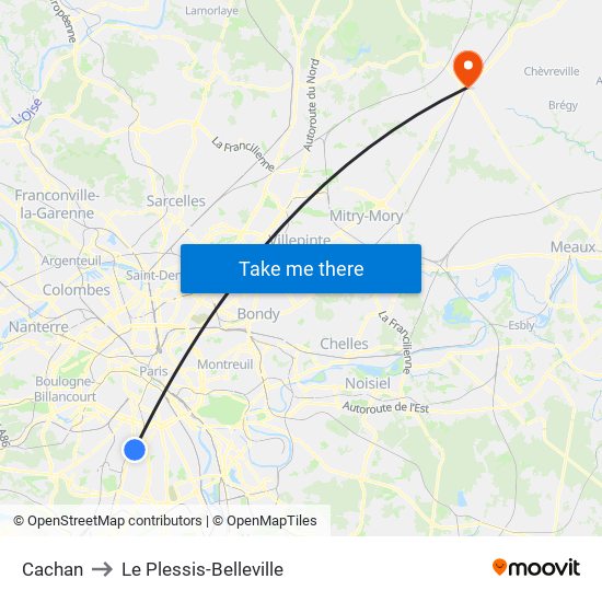 Cachan to Le Plessis-Belleville map