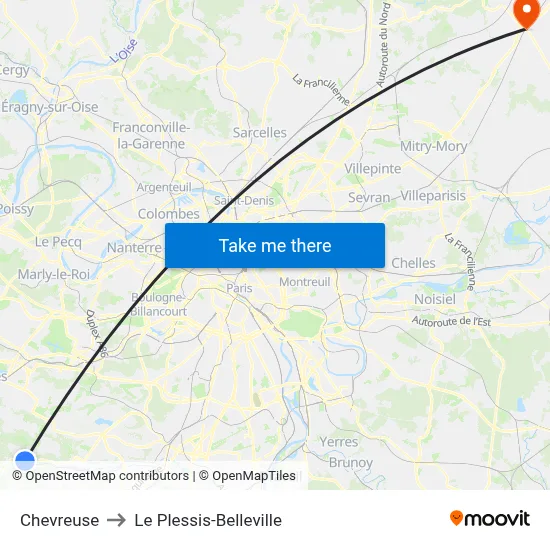 Chevreuse to Le Plessis-Belleville map