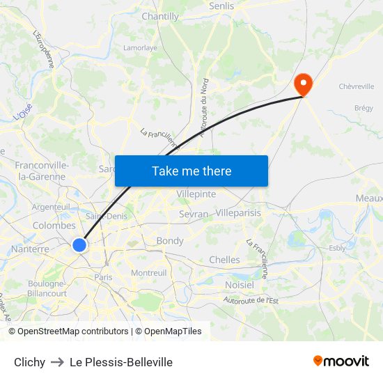 Clichy to Le Plessis-Belleville map