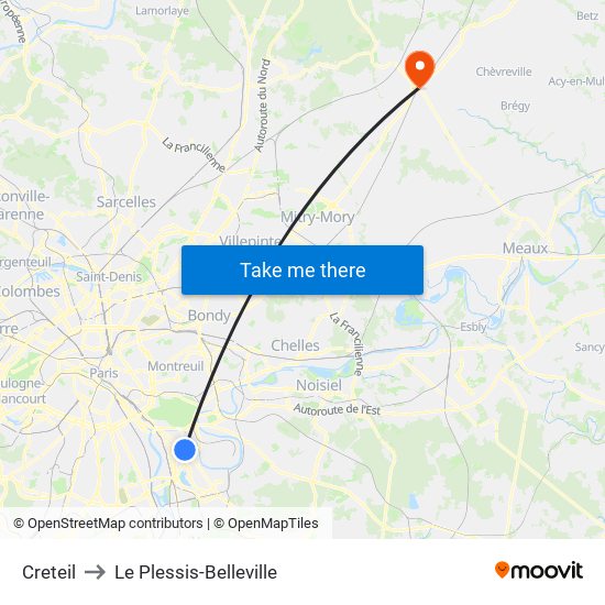 Creteil to Le Plessis-Belleville map