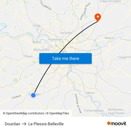 Dourdan to Le Plessis-Belleville map