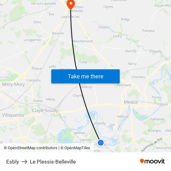 Esbly to Le Plessis-Belleville map