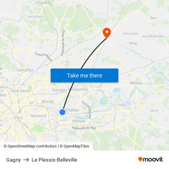 Gagny to Le Plessis-Belleville map