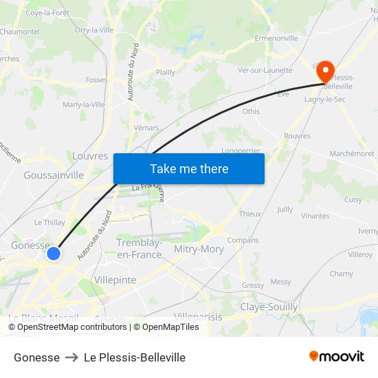 Gonesse to Le Plessis-Belleville map