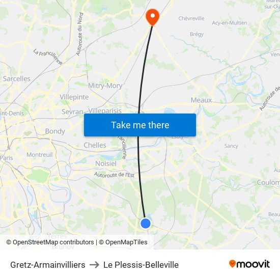 Gretz-Armainvilliers to Le Plessis-Belleville map