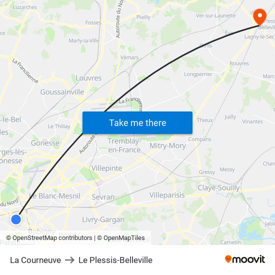 La Courneuve to Le Plessis-Belleville map