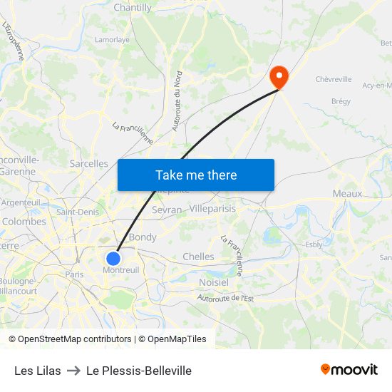 Les Lilas to Le Plessis-Belleville map