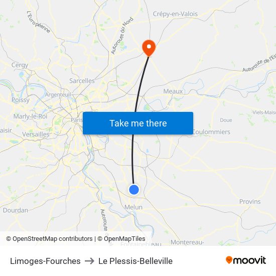 Limoges-Fourches to Le Plessis-Belleville map