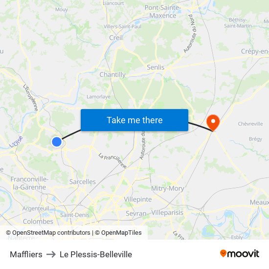 Maffliers to Le Plessis-Belleville map