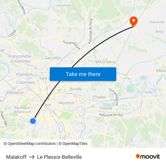 Malakoff to Le Plessis-Belleville map