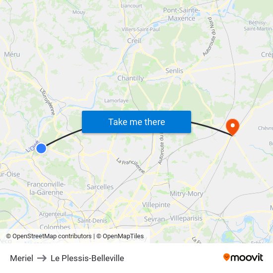 Meriel to Le Plessis-Belleville map
