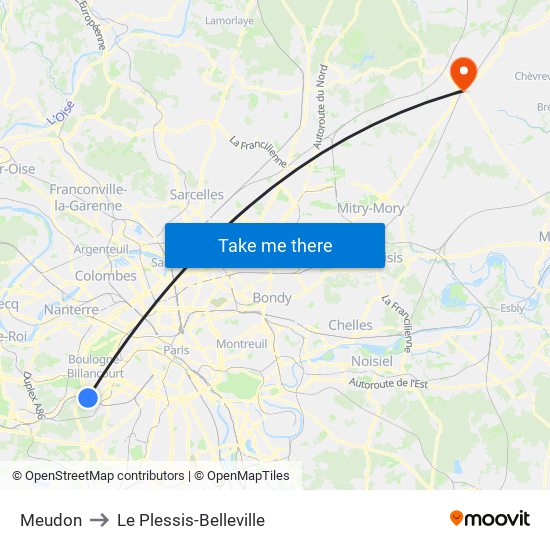 Meudon to Le Plessis-Belleville map