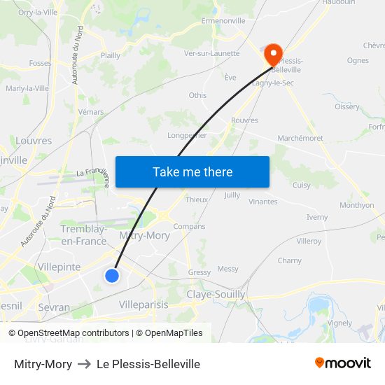 Mitry-Mory to Le Plessis-Belleville map