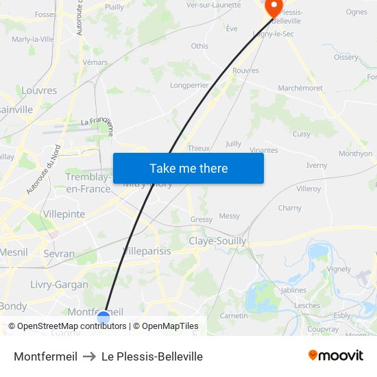 Montfermeil to Le Plessis-Belleville map