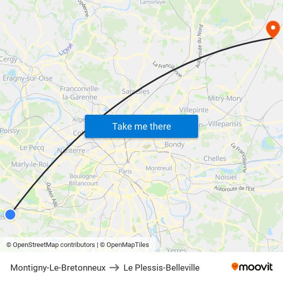 Montigny-Le-Bretonneux to Le Plessis-Belleville map