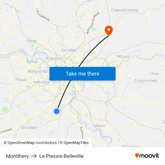 Montlhery to Le Plessis-Belleville map