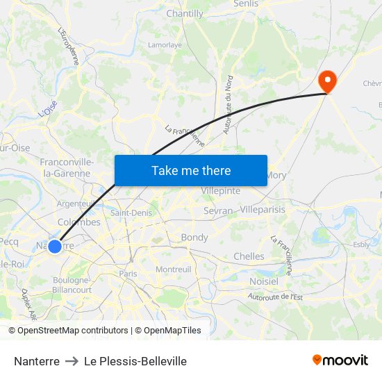 Nanterre to Le Plessis-Belleville map