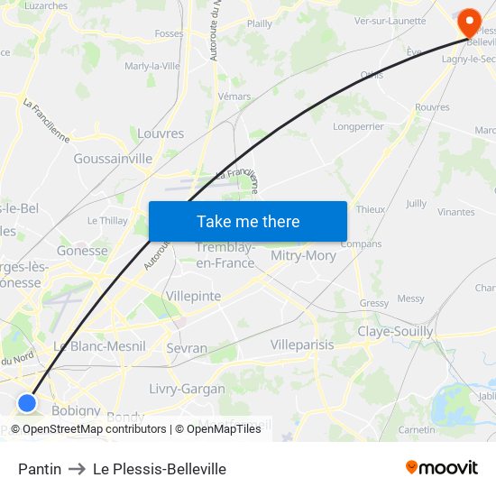 Pantin to Le Plessis-Belleville map