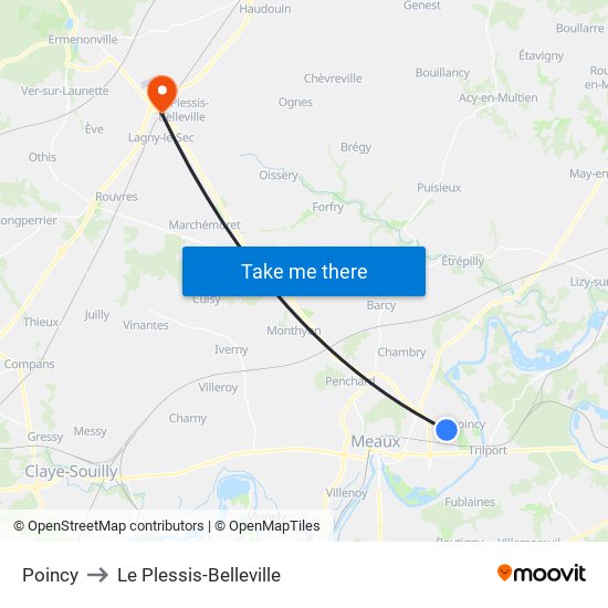 Poincy to Le Plessis-Belleville map
