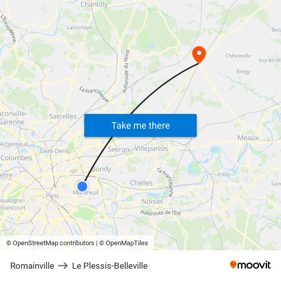 Romainville to Le Plessis-Belleville map