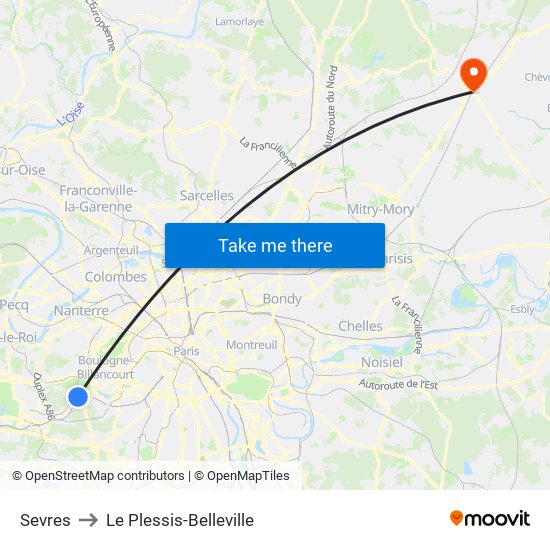 Sevres to Le Plessis-Belleville map