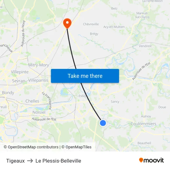 Tigeaux to Le Plessis-Belleville map