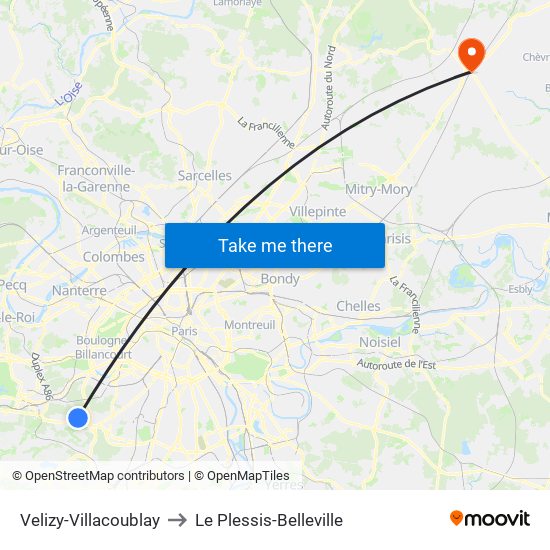 Velizy-Villacoublay to Le Plessis-Belleville map