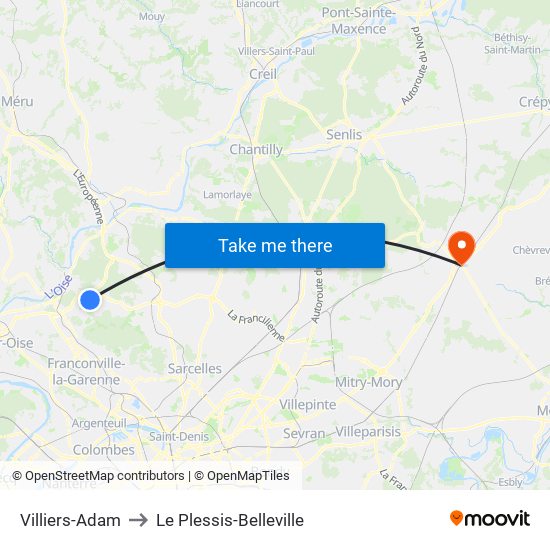 Villiers-Adam to Le Plessis-Belleville map