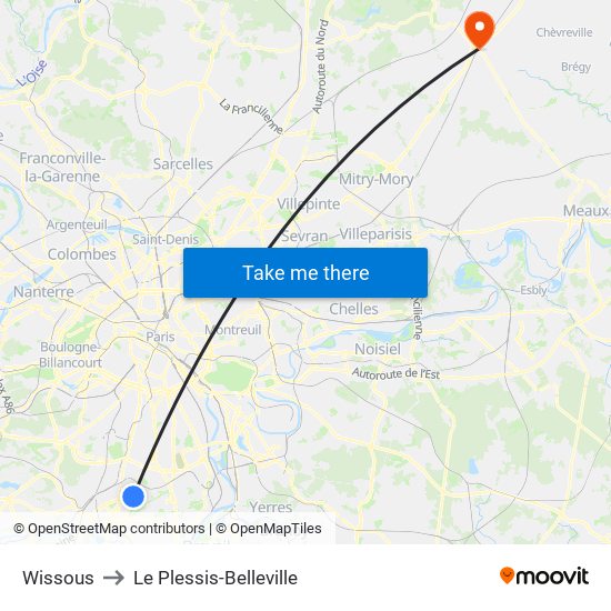 Wissous to Le Plessis-Belleville map