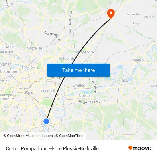 Créteil Pompadour to Le Plessis-Belleville map