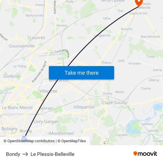 Bondy to Le Plessis-Belleville map