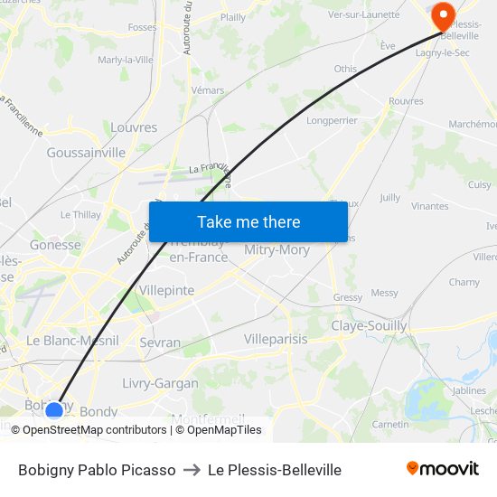 Bobigny Pablo Picasso to Le Plessis-Belleville map